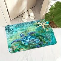 Tropical Ocean Turtle Doormat Vintage Map Starfish Seashell Teal Watercolor Floor Mat for Coastal Bathroom Entrance Decoration 43X75CM blue