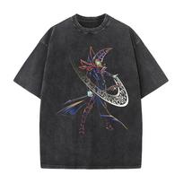 Anime Yu-Gi-Oh! T-shirt Dark Magician Vintage Washed Oversized T Shirt Men's Clothing Summer High Quality Pure Cotton Tees Tops L black