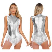 Moterų berankovė blizgučiais kutais puošta leotard suknelė lotynų šokiams, bodis vakariniams šokiams, rumbai, ča-ča, tango, sambai, čiuožimui, gimnastikai XL sidabras