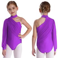 Mergaitei vieno peties šokio triko Sceninio pasirodymo kostiumas Su paaukštintu kaklu Ilgomis rankovėmis Raukšlėtas tinklinis viršutinis sluoksnis Bodis vaikams Gimnastikos 7-8 Years violetinė