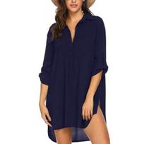 2026 Women's Deep V Neckline Fashion Beach Sun Protection Swimsuit Shirt Dress 3XL tamsiai mėlyna spalva