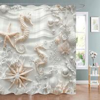 Sunny ocean Starfish Seashells seahorses beach and sea Shower Curtain Bathroom Decorative Shower Curtain with Hooks 90x180cm35x71in white