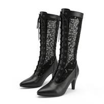 Fashion Round Head Korean Version Splicing Lace Rear Lace-up Boots Mesh Thick Heel Sandals Elegant Women's Cool Boots 46 39 juoda