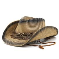 Western cowboy straw hat men's summer sun hat outdoor sun hat travel straw hat summer beach hat M（56-58cm） beige
