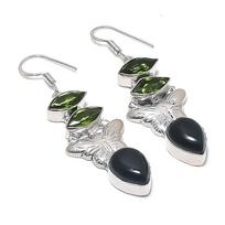 Black Onyx, Peridot Gemstone 925 Sterling Silver Earring 2.36 gray
