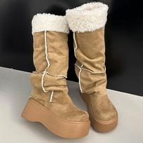 Fur Women's High Boots Designer High Heels Platform Suede Shoes  Warm New Fashion Winter Motorcycle Boots Trend Mujer Botas 38
