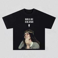 Billie Eilish Portrait Graphics Cotton Shirt Y2k Short Sleeve Women's Hip-hop XL gray