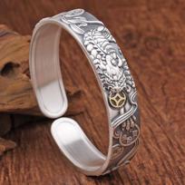 Unique European and American Pixiu Bracelet for Men, Pure Silver Open Design, Vintage, Unique, Bold, Solid Silver Bangle Bracelet gray
