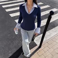 Women's 2 in 1 Fake Collar Long Sleeve Top Striped Shirt V Neck Fitted Business Casual Blouse M black