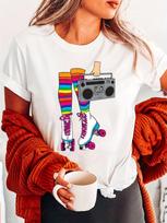 Vibrant Retro Roller Skating Print Summer T-shirt, Women's Short-sleeved Round Neck T-shirt, The Perfect Casual Summer Outfit. XXXL brown