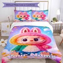 Labubu Personalized Text Bed Sheet Set Design for Decorate room Wrinkle Resistant Home Decor Birthday/Christmas Gift Idea 135cmx200cm pink