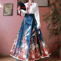 Vintažinis Hanfu arklio veido sijonas, moteriškas kinų tradicinis Hanfu 2 vnt marškinių klosčių sijonų rinkinys XL mėlyna