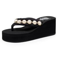 Summer Pearl Flip-flops for Women Thick Bottom Non-slip Sandals Female Clip-on Slippers Lightweight Solid Colour Beach Shoes 41 juoda