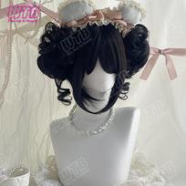 Synthetic Lolita Wig with Double Curls Bun Includes Sideburns Straight Bangs Suitable for Women for Daily Wear Holiday Cosplay black