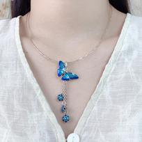 925 Sterling Silver Enamel Craft Butterfly Flower Fringed Pendant Retro Ethnic Style Collarbone Chain Blue Butterfly Pendant gray