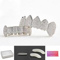 Hip Hop Grillz: 14K Gold Plated Copper Zirconium Teeth Jewelry for Rap & Halloween. Lower white