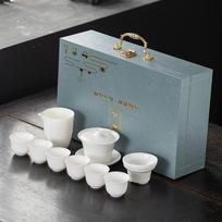 White porcelain suet jade porcelain kung fu tea set household cover bowl teacup office guest tea maker business gift 10-head gaiwan set gray