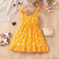 Girls Daisy cotton crepe suspender dress fashionable children's patchwork ruffle comfortable children's skirt 2-3Y geltona
