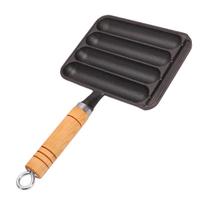 Sausage Grill Pan Cast Iron 4 Slot Sausage Mold Hot Dog Grill Pan with Wooden Handle for Cooking Indoor Outdoor Use black