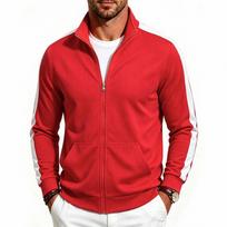 Men's Stand Collar Full Zip Track Jacket, Long Sleeve Side Contrast Striped Casual Sweatshirt Coat with Front Pockets XL raudona