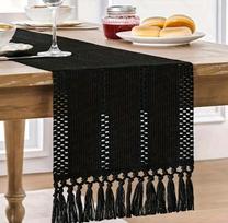 Smėlio spalvos Boho staltiesė su kutais Rankų darbo austas staltiesės takelis Rustic Farmhouse staltiesės takelis virtuvės pietų stalui Namų dekoras 30x90cm juoda