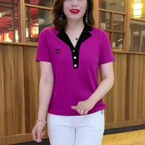 Suit Collar Top Summer New Korean Version of Girls Short-sleeved T-shirt Women's Decorative Lapel Women's Top 5XL purple