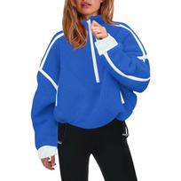 Women's Color Semi High Neck Sweatshirt, Casual Zipper Loose Top Sweatshirt XL mėlyna
