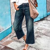 Ladies' Jeans Trend Casual Fashion Straight Leg Wide Leg Mid Waist Casual Fringed Denim Cropped Pants L gray