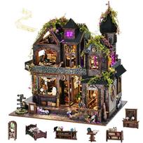 Magic Castle Book Nook Kit 3D DIY Wooden Puzzle Handmade Bookshelf Dollhouse Model Bookend Building Home Decor black