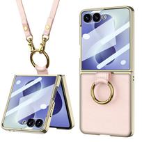 Plating Pure Leather Strap Case for Samsung Galaxy Z Flip 8 Flip8 Metal Ring Holder Glass Screen Crossbody Anti-slip Fit Cover Galaxy Z Flip 8 gray