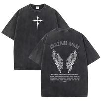 Isaiah 40:31 Scripture Graphic T‑Shirt Men Women Casual Short Sleeve Tee Cross Wing Faith Quote Washed Streetwear Unisex Tops 130 gray