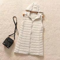 2026 Women's Mid-Length Hooded Lightweight Down Vest, Korean Style Slim Fit for Autumn/Winter beige