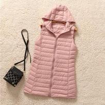 2026 Women's Mid-Length Hooded Lightweight Down Vest, Korean Style Slim Fit for Autumn/Winter beige