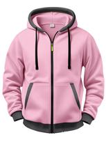 2026 Men's Hooded Zipper Sweatshirt - Solid Color, Casual Spring/Autumn Jacket, Loose Fit Sports Style Large pink
