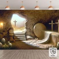 Religious Easter Resurrection Backdrop Cross Tomb Cave Photography Prop 70.9x43.3inch/180*110cm brown