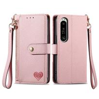 For Sony Xperia 10 IV Zipper Design Wallet Case, for Xperia 5 IV Heart Style Flip Leather case Pouch Bag For MOTO G54 5G rožinė