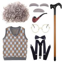 Klasikinis senelio kostiumo perukų rinkinys su trumpais minkštais garbanotais plaukais ir stilinga liemene vaikams Orange Vest Light Brown Curls,110cm gray