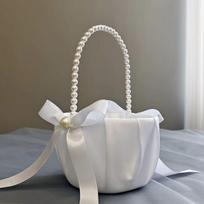 Balta Gėlių Mergaitės Krepšelis Su Perlo Rankena Vestuvių Vietos Dekoravimui Pearl Handle gray
