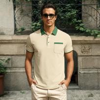 Men's Retro Contrast‑Trim Pique Polo Shirt, Green Collar & Pocket & Cuff Details, 3‑Button Placket, Slim‑Fit Breathable Short‑Sleeve Casual Top XS abrikosas