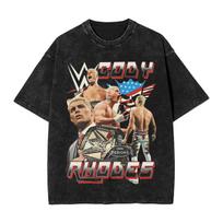 Retro Cody Rhodes Vintage Washed Tshirt Men Cotton Tops Shirts Retro Crewneck Short Sleeve L black
