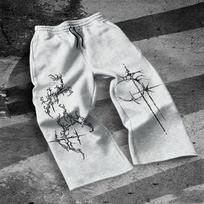 Black Loose Men's Sports Pants, Cool Wide Leg Pants, Flame Design Drawstring, Comfortable Casual Street Style XXL white