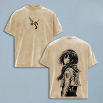Anime Attack On Titan Mikasa Graphic T Shirt Men Women Clothing Casual Cotton Tshirt Vintage Washed T-shirt Harajuku Unisex Tops M smėlis