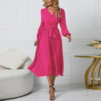 Women's Long Sleeve Slim Fit Pleated Belt V-Neck Elegant Dress XXL pink