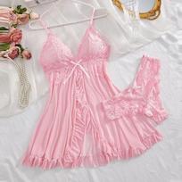 Suspender Suit Summer Ultra-Thin Nightgown Lace Thong Sets Women's Sexy Pyjamas Lingerie Hot Night Dress Comfortable Sleepwear L rožinė