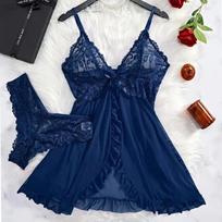 Suspender Suit Summer Ultra-Thin Nightgown Lace Thong Sets Women's Sexy Pyjamas Lingerie Hot Night Dress Comfortable Sleepwear XXL mėlyna