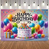 Happy Birthday Cake Party Decoration Backdrop Multi-color Balloon Ribbon Family Theme Poster Photo Studio Photography Background16 59x51.1inch/150*130cm