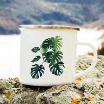 Personalized Gifts Green Tropical Leaf Printing Enamel Coffee Mug Durable Metal Cup Mugs Coffee Cups Original Breakfast Cups Bar 360ml gray