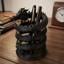 3D Printed Cool Black Dragon Pen Holder Creative Desktop Statue Realistic Spiral Coiled Storage Holder juoda