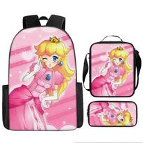 Super Mario Cartoon Backpack Set, Princess Peach School Bookbag, Polyester 3-Piece, Gaming Themed Backpack Three-Piece Set