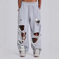 Sendinto pilka plačių kojų moteriškų sportinių kelnių stiliaus hiphopas, grunge, su skylėmis, sportinės kelnės, didelio dydžio, gyaru gatvės apranga, kelnės M pilka
